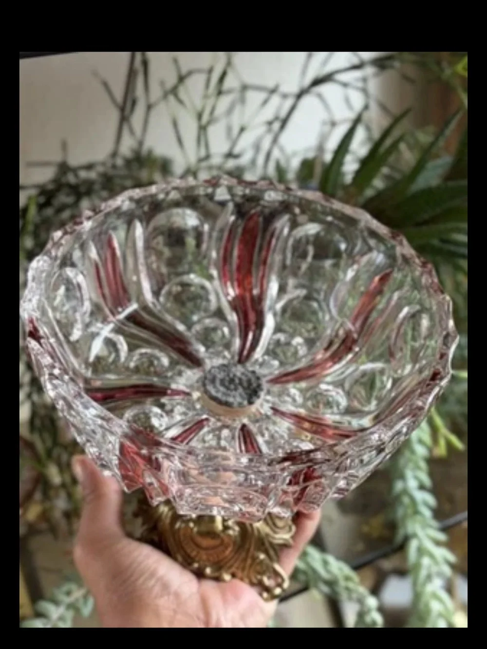 Pedestal Compote Bowl Nuts Cut Crystal Ruby Flash Brass Base Ornate Regency L&L